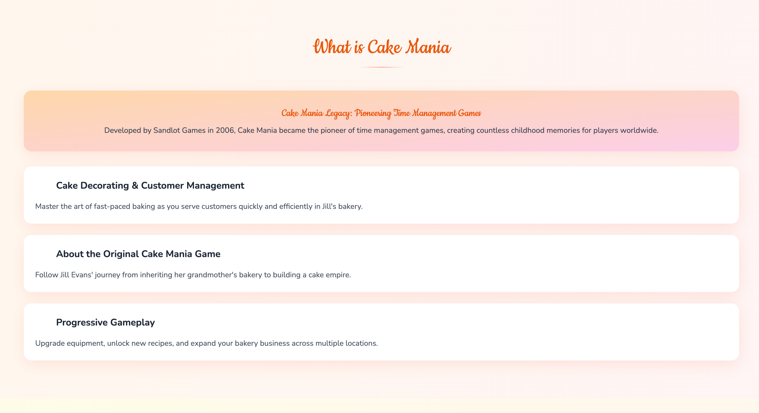 Cake Mania bakery upgrades screen